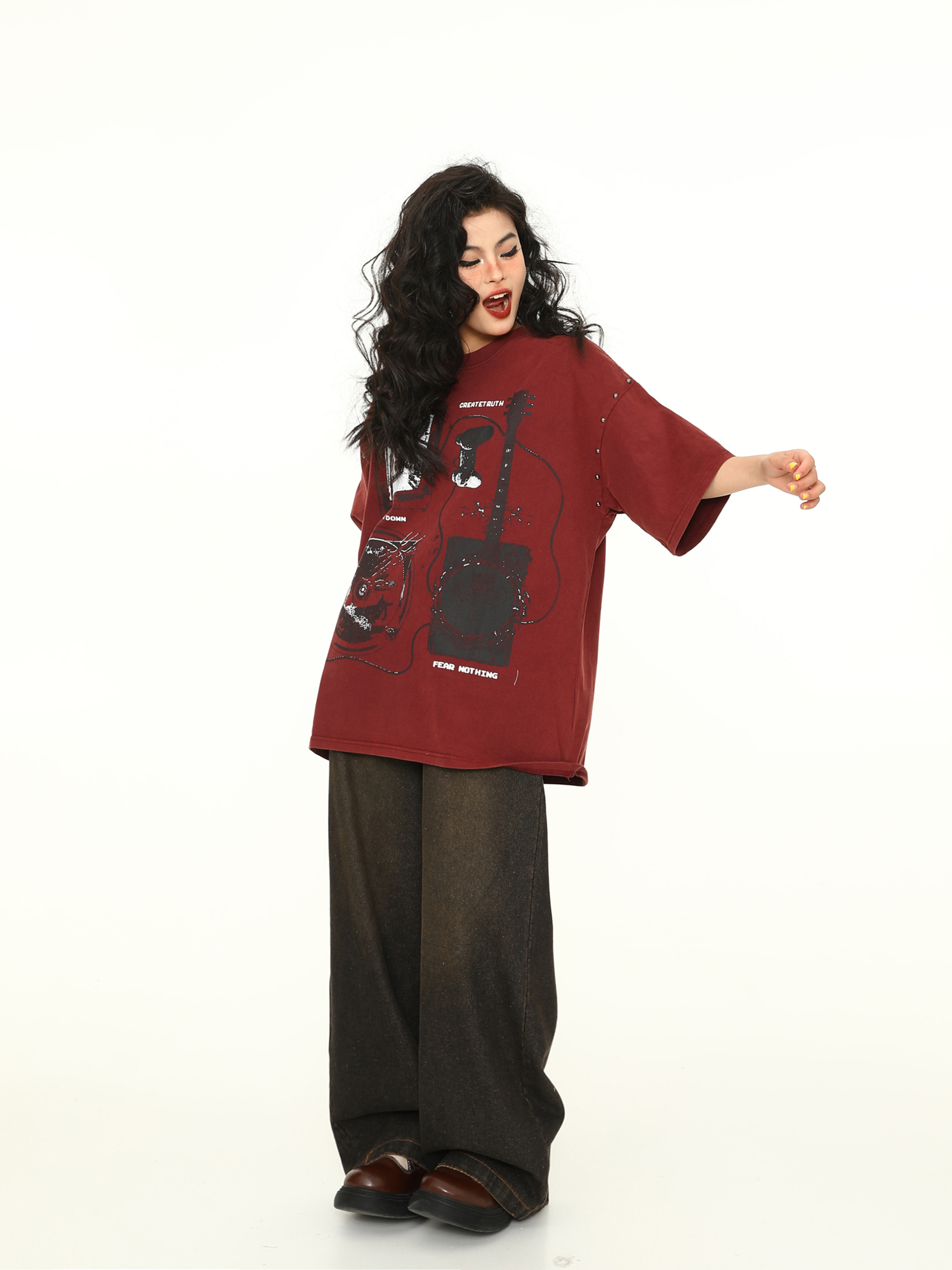 Vintage Wine Red Oversized Short-Sleeve T-Shirt for Men and Women, American Street Style Couple Top, Trendy 90s A-Zi Fashion