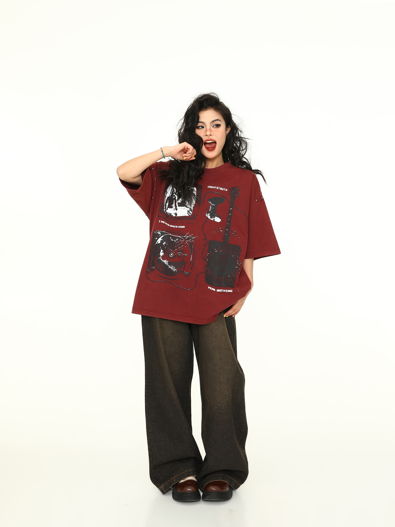 Vintage Wine Red Oversized Short-Sleeve T-Shirt for Men and Women, American Street Style Couple Top, Trendy 90s A-Zi Fashion