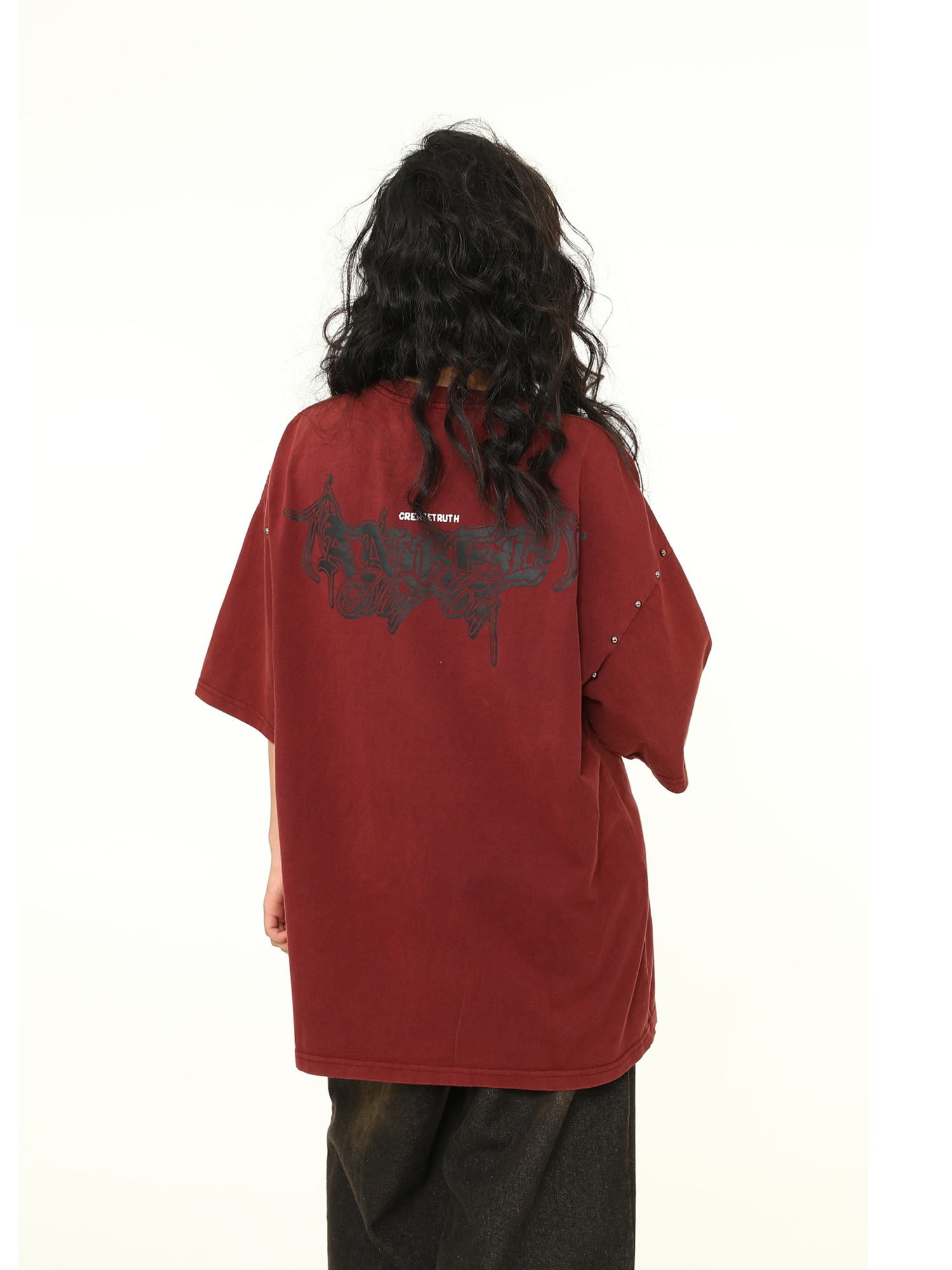 Vintage Wine Red Oversized Short-Sleeve T-Shirt for Men and Women, American Street Style Couple Top, Trendy 90s A-Zi Fashion