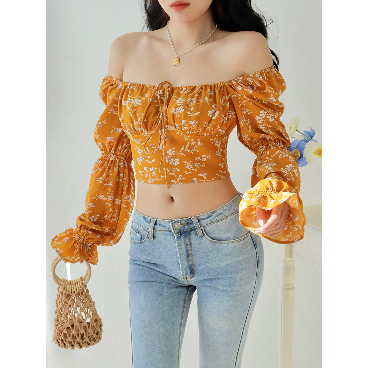 Vintage Yellow Floral Long Sleeve Shirt for Women - Loose Fit Square Neck Top - French Style Outerwear - Perfect for 90s and Y2K Fashion