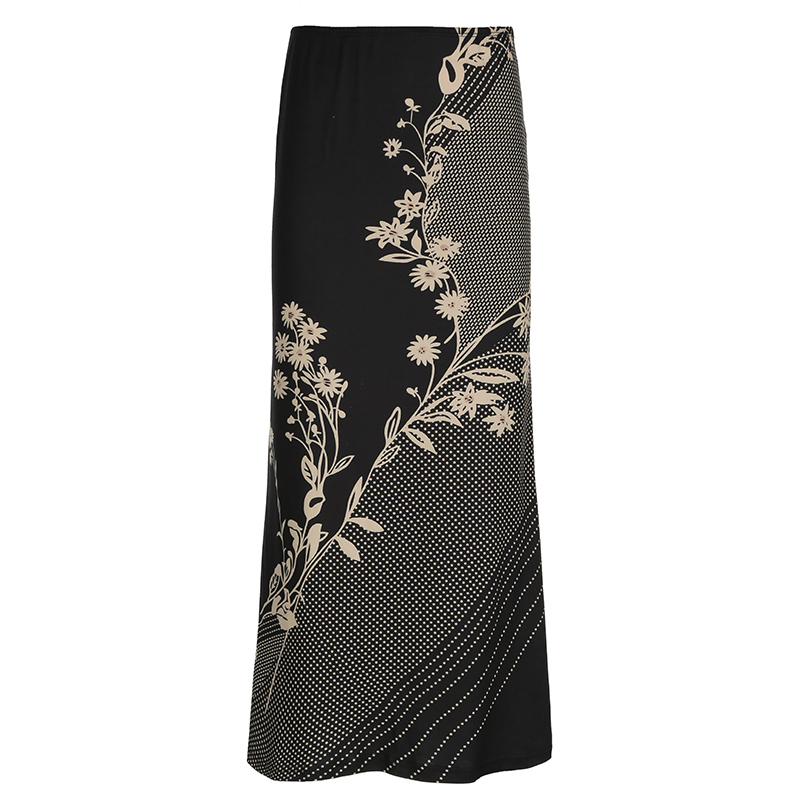 Wabi-Sabi Solitary Flower Printed Long Skirt - Women's Vintage Low Waist Mid-Length Straight Skirt in Yamamoto Wind Plant Series