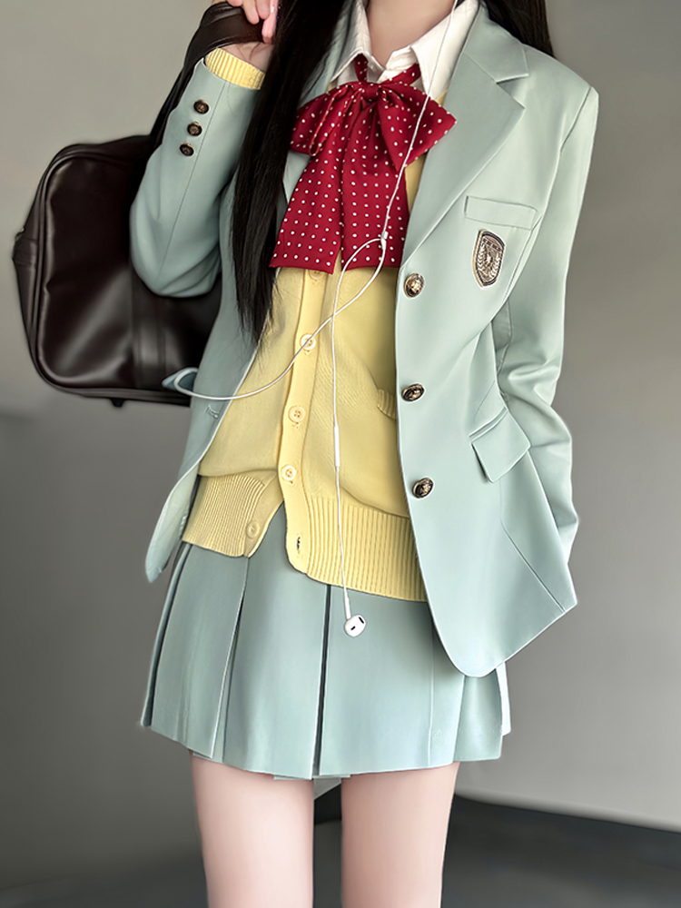 Waist-Defined Blazer Set in Ice Moss - Women's JK Uniform Style for Spring College Looks - Trendy Pudding Bear Design