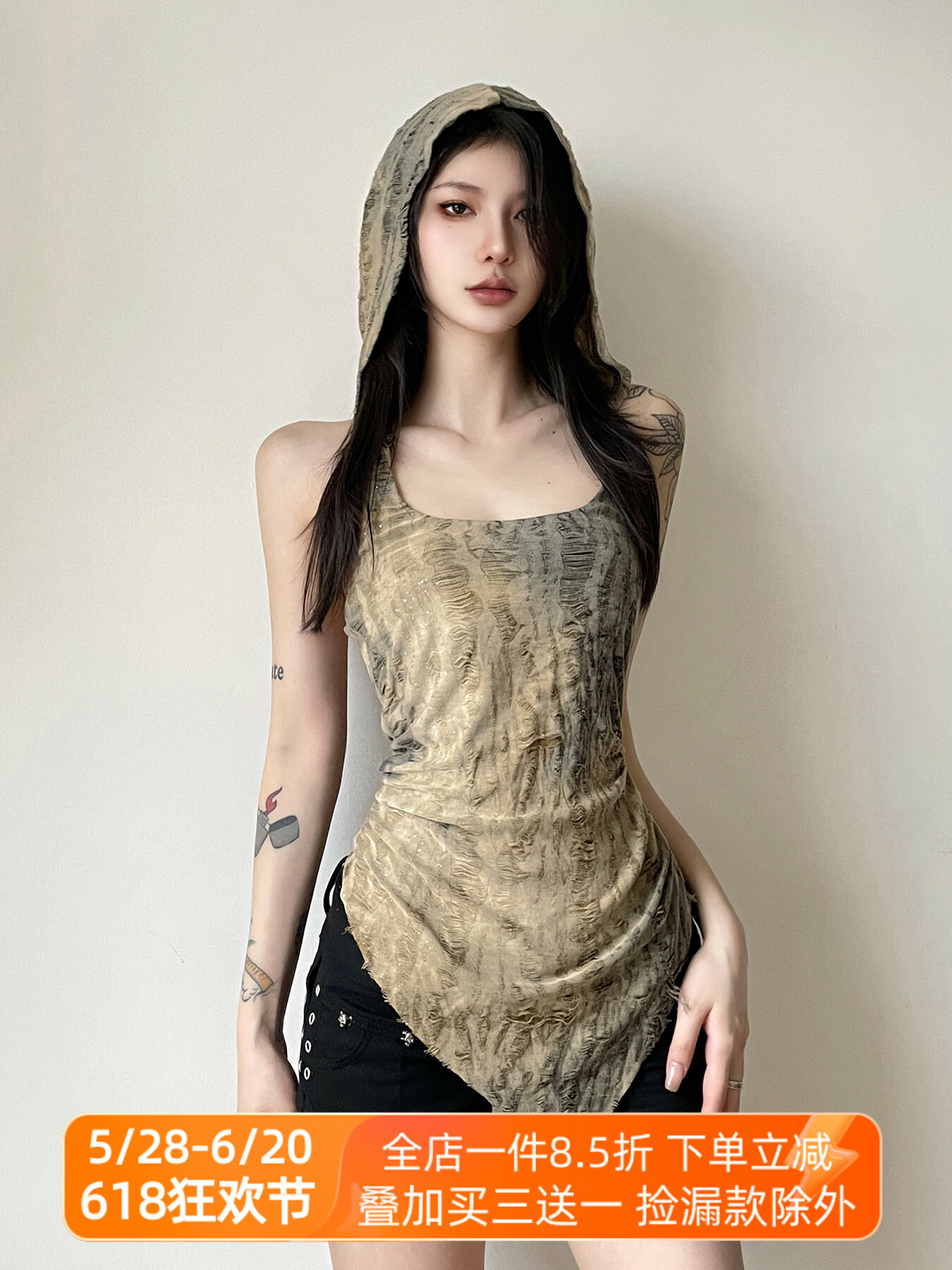 Wasteland Rock Music Festival Hooded Vest for Women - Backless Distressed Irregular Strap Design