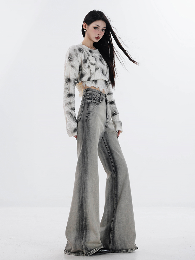 Water-Faded White Micro-Flare Jeans for Women - Slim Fit Gradient Flare Pants for Autumn and Winter Fashion