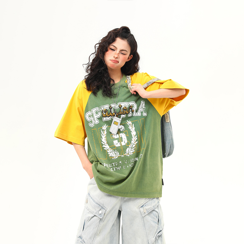 Water-Washed Heavyweight Color-Blocked Raglan Short Sleeve T-Shirt for Women - Trendy Summer Loose Fit Tee, Casual Couple Style