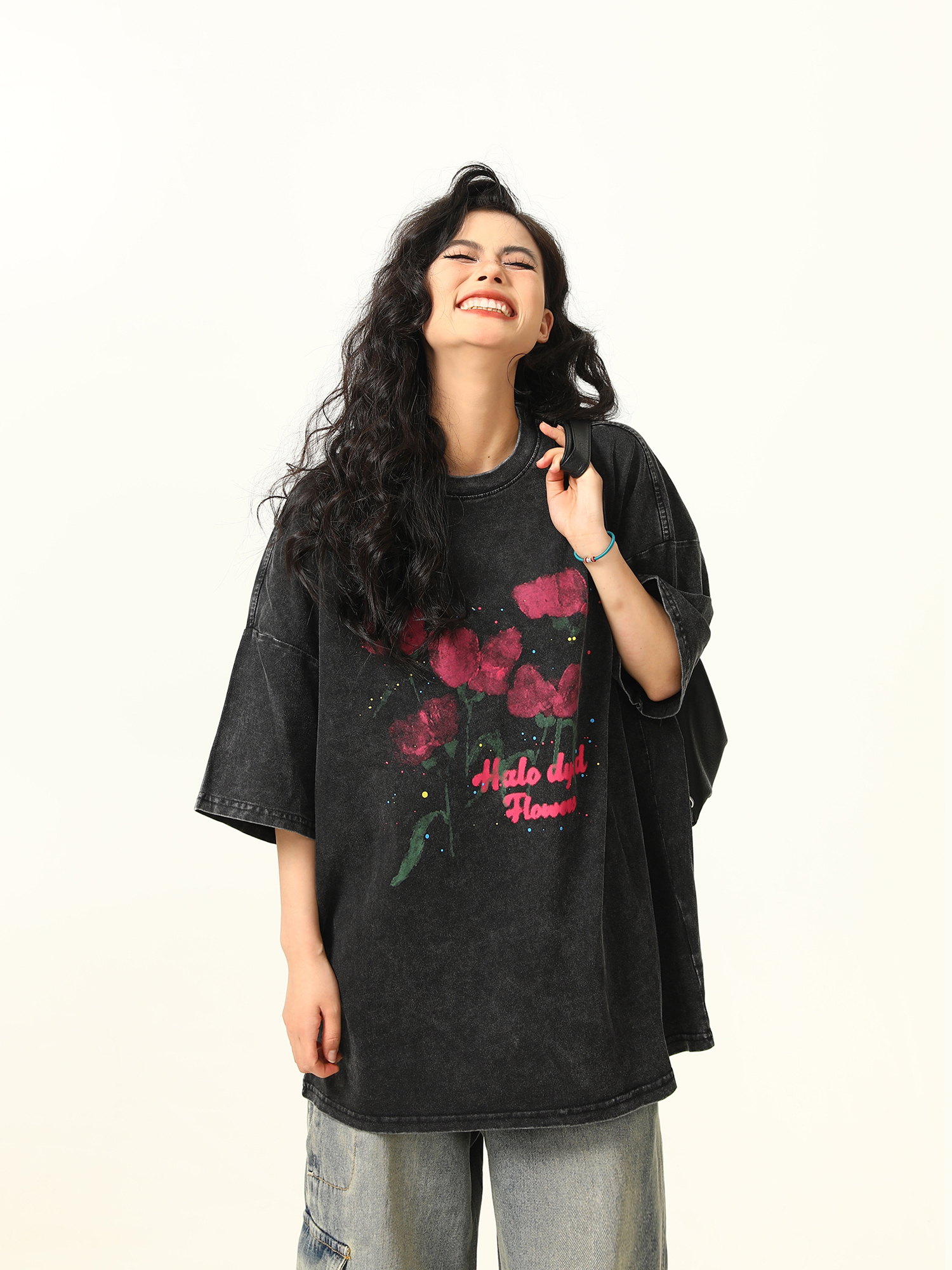 Water Washed Vintage Rose Print Short Sleeve T-Shirt for Men and Women - Summer Loose Trendy Streetwear Couple Top