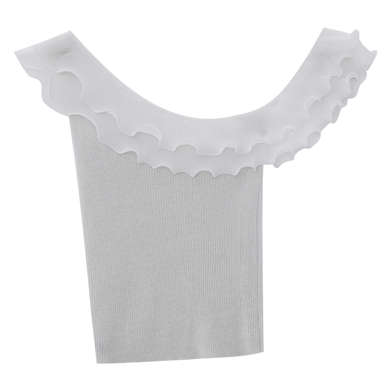 White Asymmetrical Lace Shoulder Top for Women - Slim Fit Short Sleeve Knitted Shirt, Perfect for Y2K and 90s Inspired Fashion