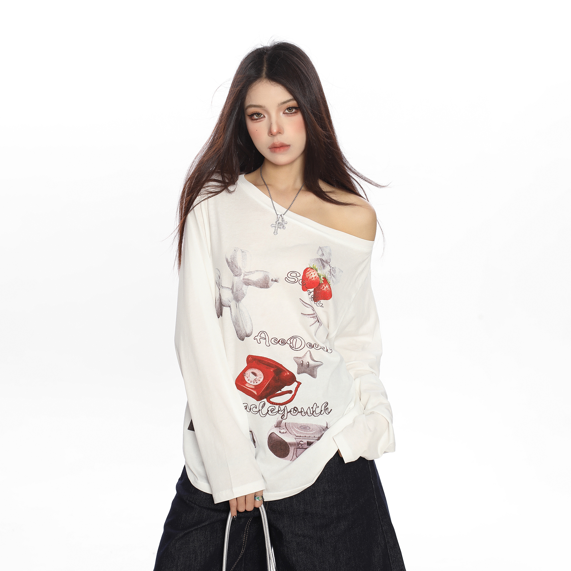 White Asymmetrical Shoulder Sun Protection Cover-Up T-shirt for Women, Loose Fit Long Sleeve Top, Spring American Style, Unique Lazy Fashion