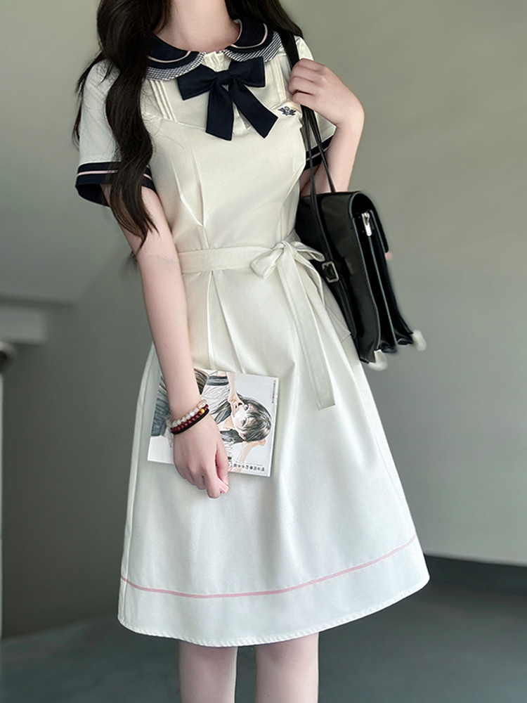 White Doll Collar Embroidered Waist-Tie Dress in College Style for Women - Summer Pudding Bear JK Uniform Inspired Fashion