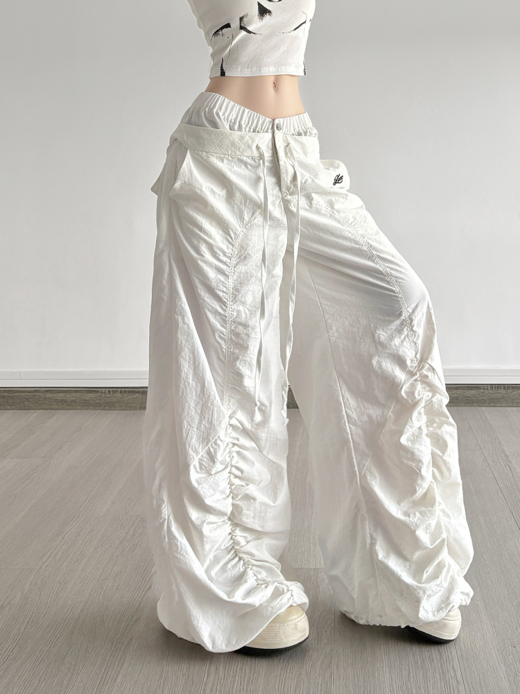 White Double Waist Pleated Casual Pants for Women - Low Waist Loose Wide Leg Dance Trousers, 90s Inspired Street Style
