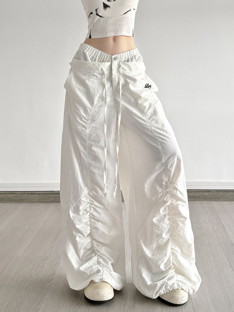 White Double Waist Pleated Casual Pants for Women - Low Waist Loose Wide Leg Dance Trousers, 90s Inspired Street Style