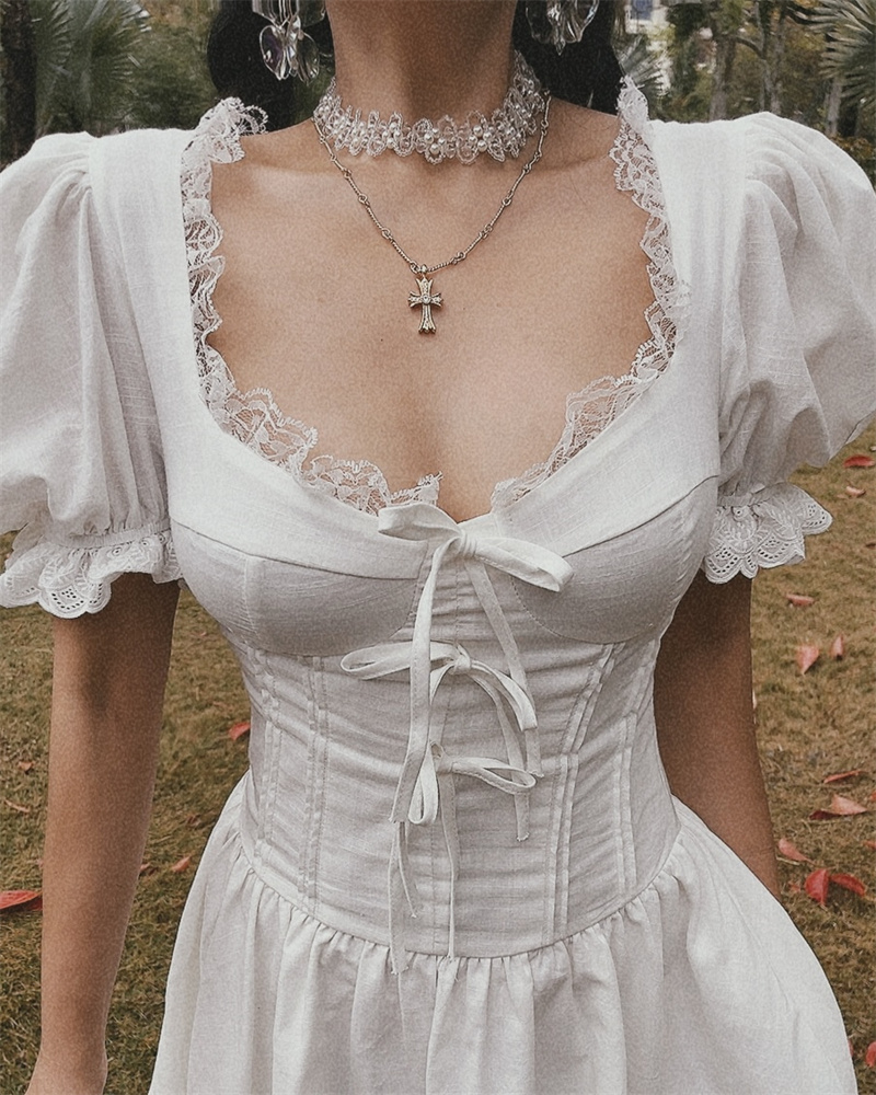 White Jasmine Handmade Spring Summer Bubble Sleeve Lace Trim Bow Vacation Dress - French Court Style for Effortless Elegance