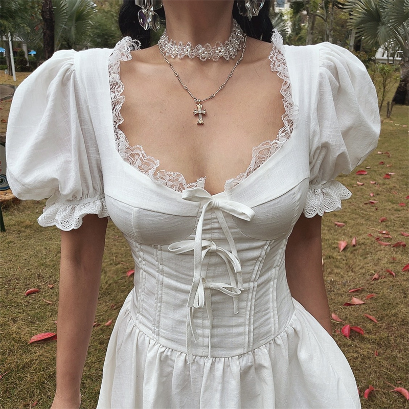 White Jasmine Handmade Spring Summer Bubble Sleeve Lace Trim Bow Vacation Dress - French Court Style for Effortless Elegance