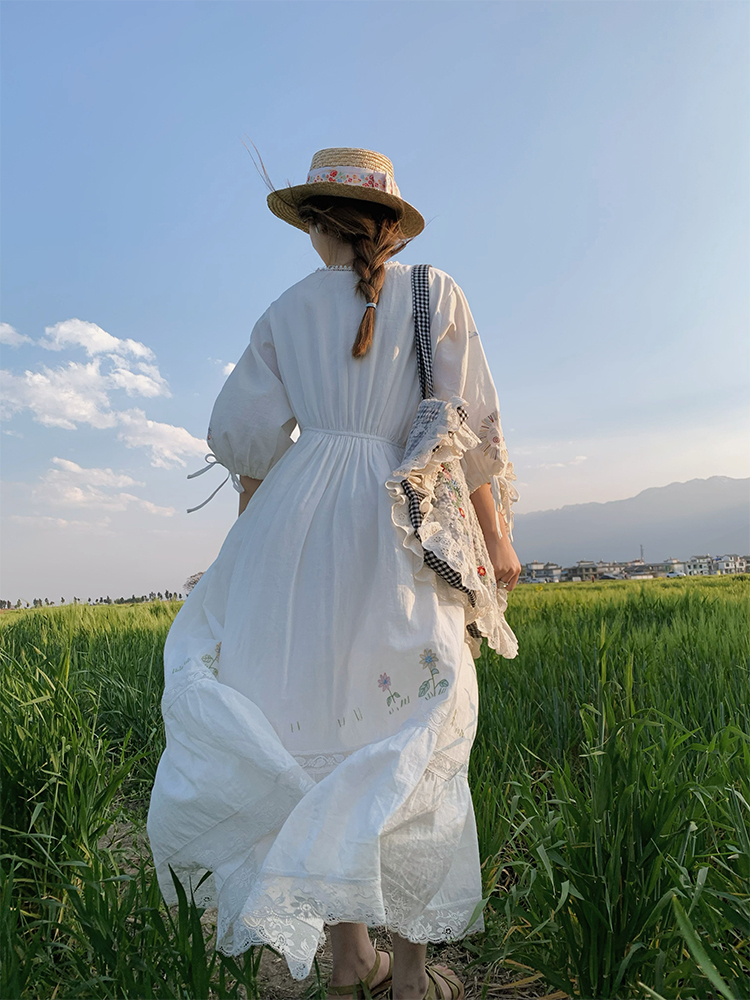 White Linen Long Sleeve Maxi Dress for Women - Fairy Grass Flowing Light, Loose Fit, French Style Summer V-Neck Dress