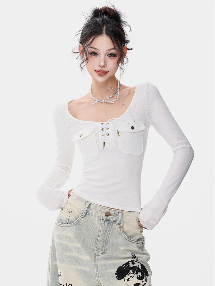 White Long Sleeve T-Shirt for Women with Sexy Tie Design - Persian Secret Style Base Layer Top, Perfect for 90s and Y2K Fashion