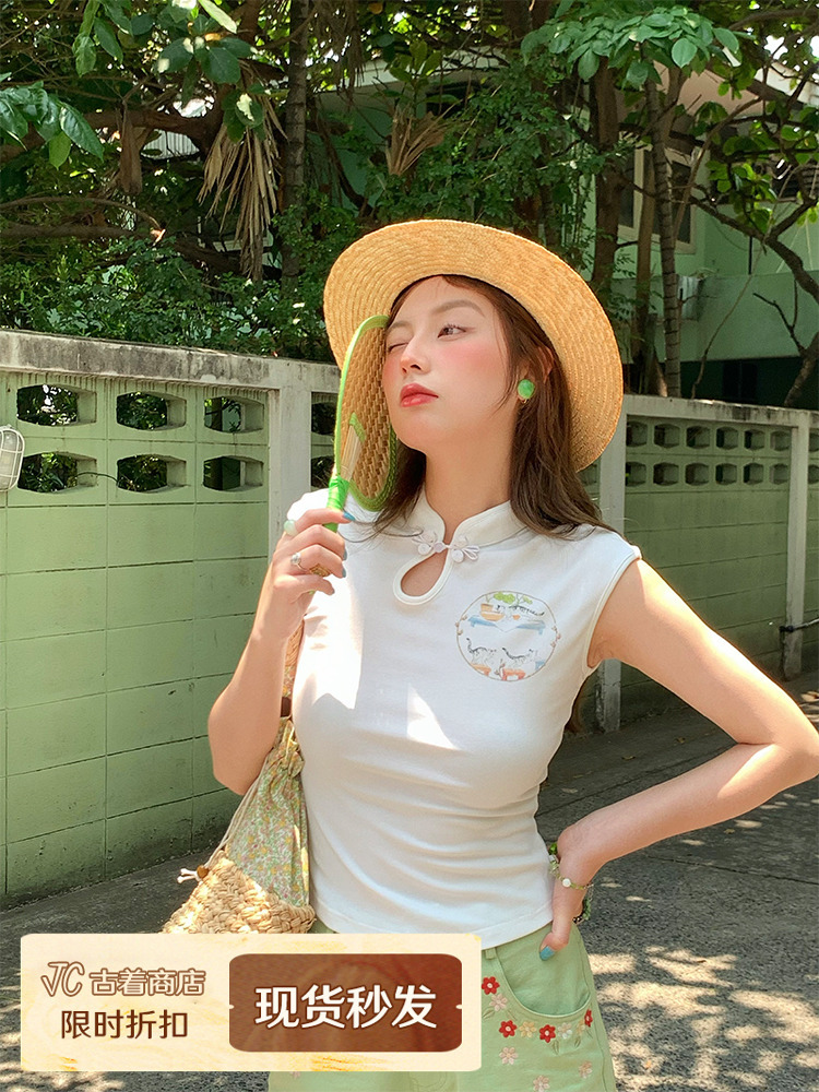 White Panda Print Short Sleeve T-Shirt for Women - Vintage Summer Slim Fit Buttoned Top, Y2K Style