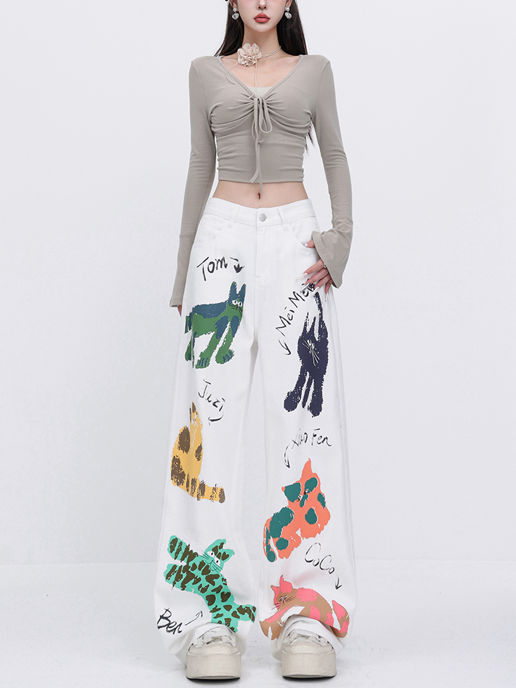 White Printed Graffiti Jeans for Women - Slim Straight Pants for Fall Fashion, Trendy Casual Style, Y2K Inspired