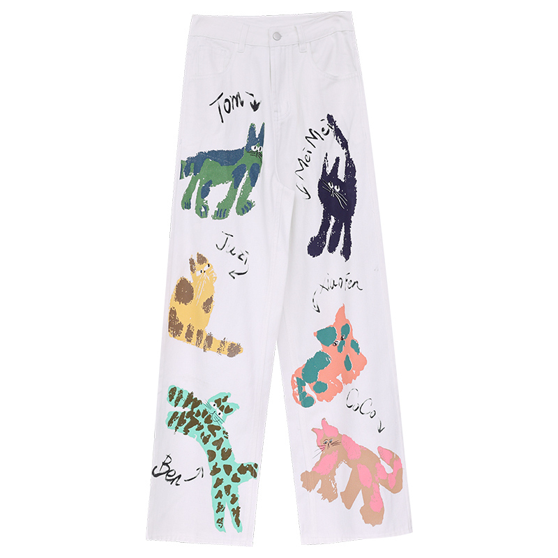 White Printed Graffiti Jeans for Women - Slim Straight Pants for Fall Fashion, Trendy Casual Style, Y2K Inspired