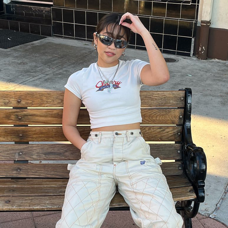 White Short Sleeve Crop T-Shirt for Women - Retro American Style Belly-Baring Top, Summer Fashion, ABG Hot Girl Vibe