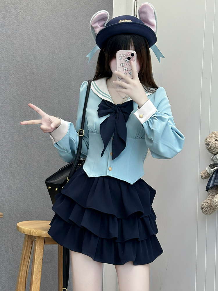 White Short-Sleeve Sailor Suit JK Uniform Set with Waist-Cinching Design - Cute Pudding Bear Style for Y2K Fashion