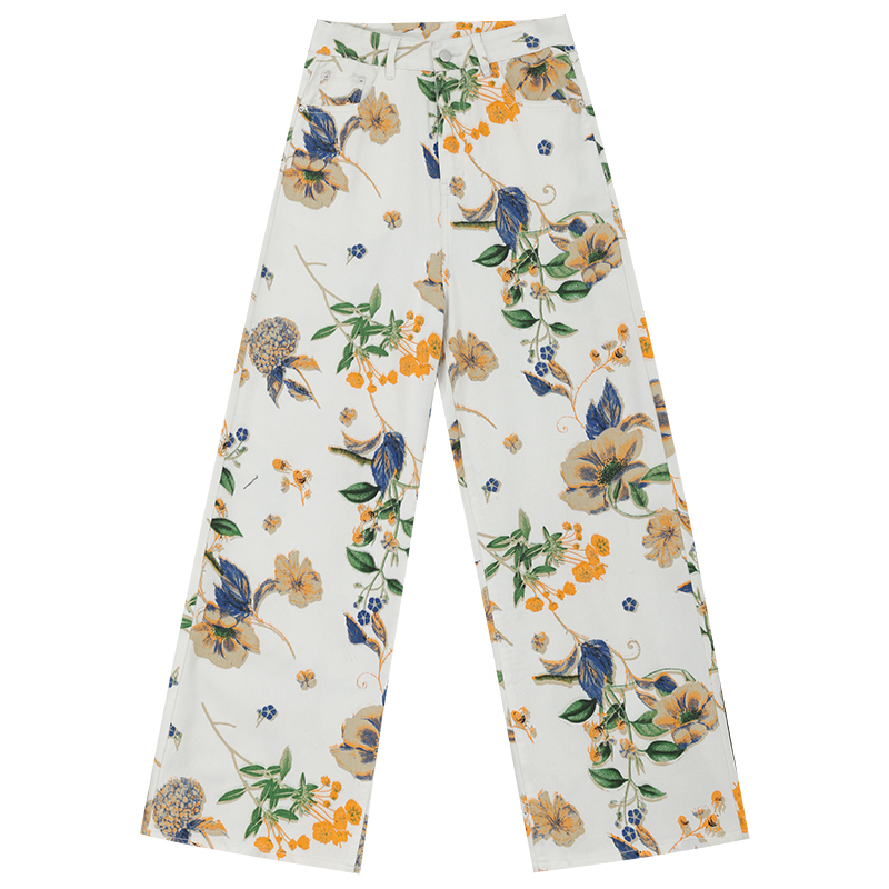 White Wide-Leg Jeans for Women, Loose Straight-Leg Slim Fit, Trendy Printed Design, Casual Chic Fashion
