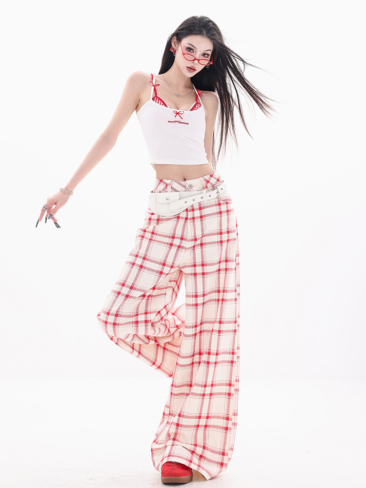 Wide-Leg Checkered Pants for Women - Red and White Plaid Design, Sweetheart Style, Loose Fit, 2025 Trendy Fashion