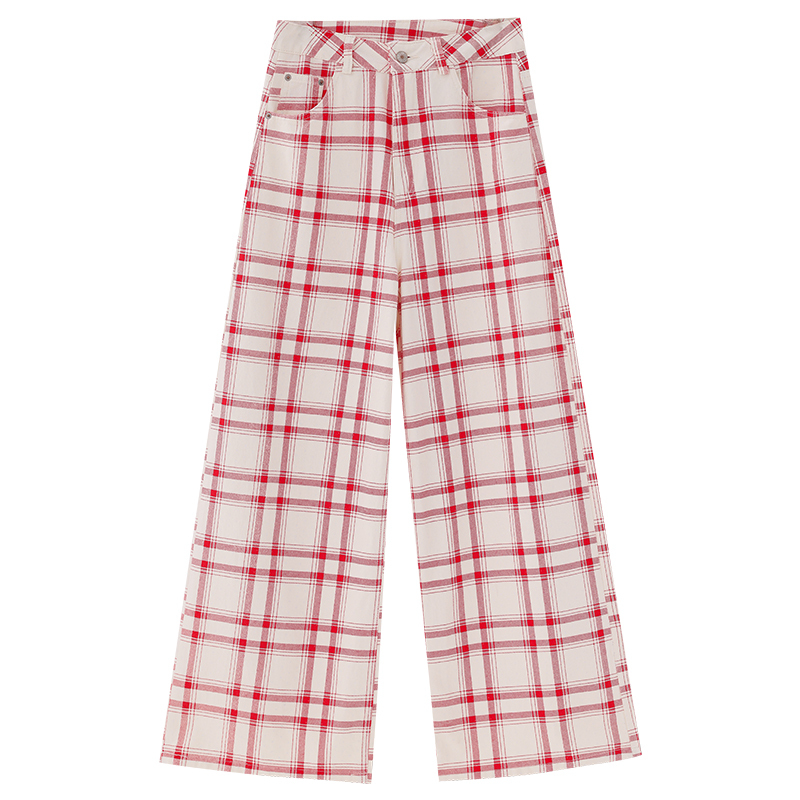 Wide-Leg Checkered Pants for Women - Red and White Plaid Design, Sweetheart Style, Loose Fit, 2025 Trendy Fashion