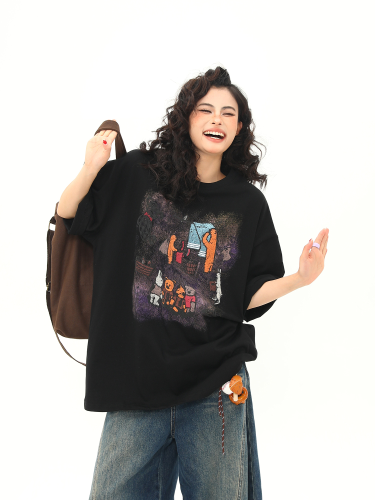 Wild A-Zi Short Sleeve T-Shirt for Women with American Vintage Cartoon Print - Casual Loose-Fit Round Neck Top for Trendy Style