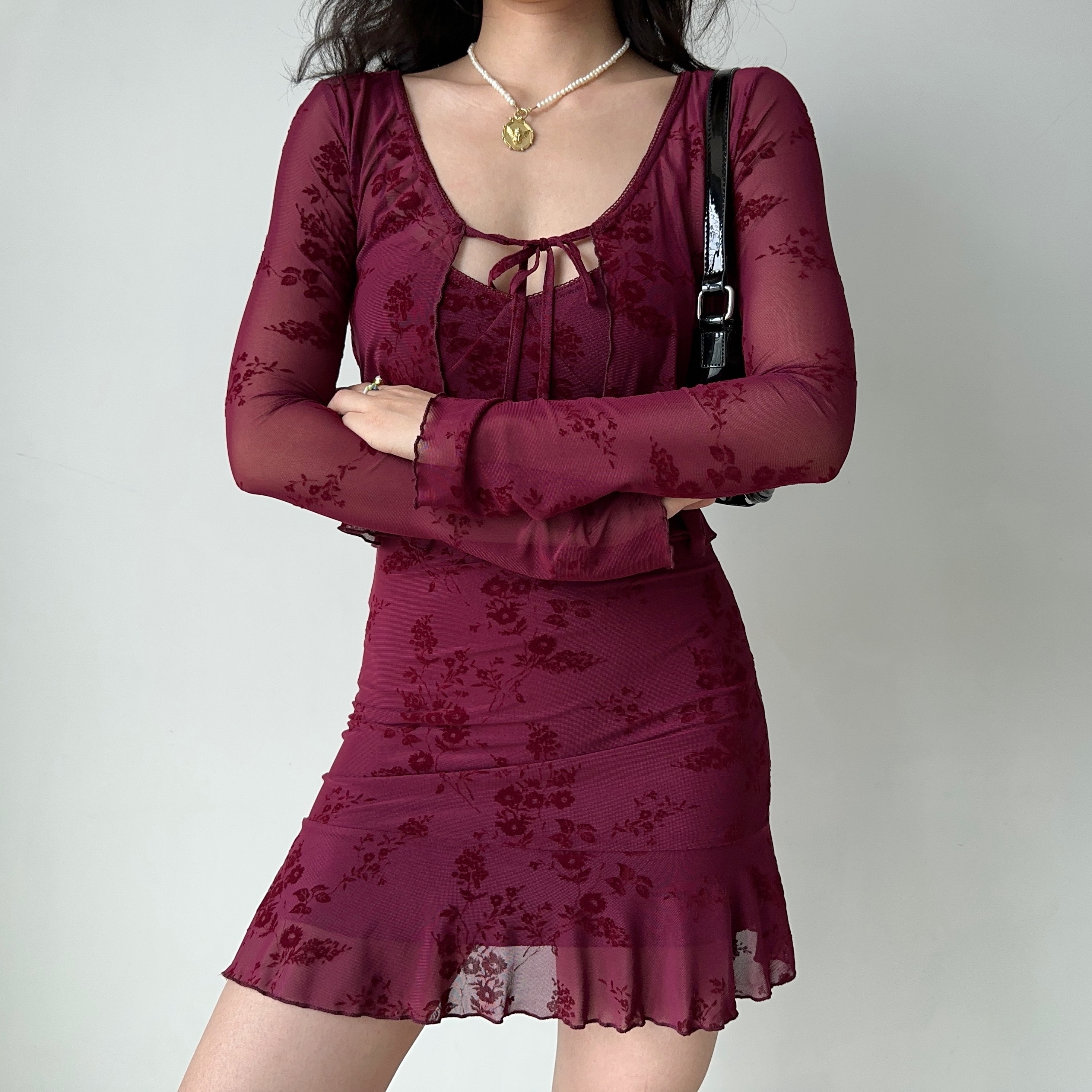 Wine Red Embroidered Camisole Dress & Cardigan Two-Piece Set - European & American Style New Year Fashion Robe