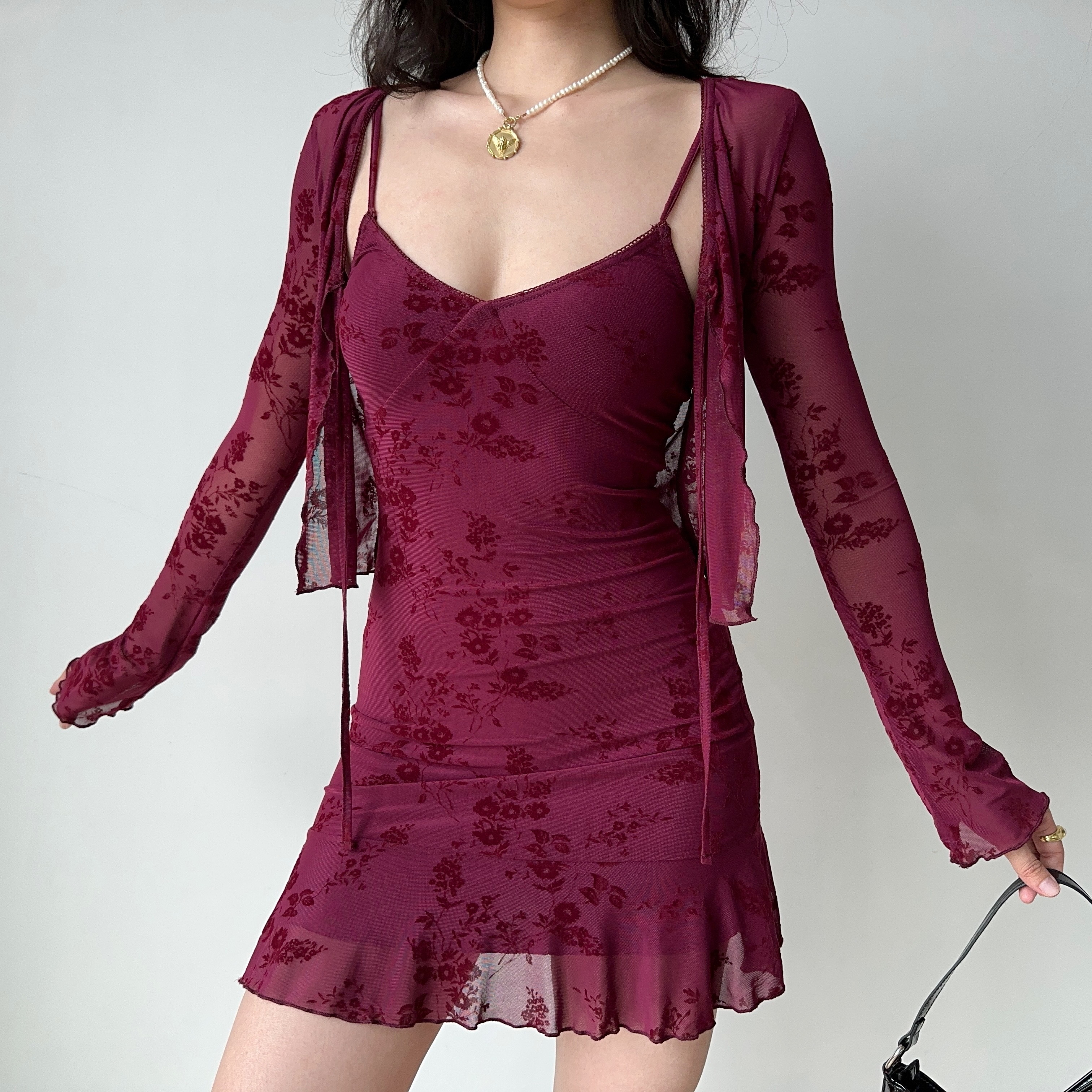 Wine Red Embroidered Camisole Dress & Cardigan Two-Piece Set - European & American Style New Year Fashion Robe