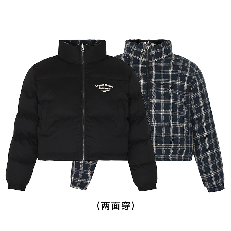 Winter Plaid Reversible Cotton Jacket for Women - Embroidered Slogan, Thickened Outerwear, Cozy Layering, Trendy Street Style