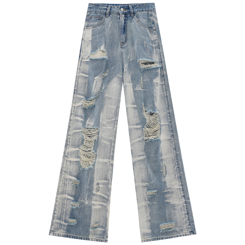 Women's 2025 Summer Blue Gradient Graffiti Ripped Jeans, Loose Straight Fit, Trendy Street Style