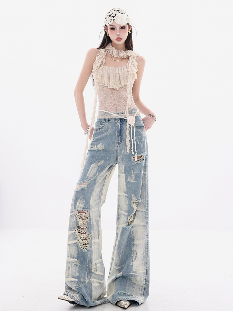 Women's 2025 Summer Blue Gradient Graffiti Ripped Jeans, Loose Straight Fit, Trendy Street Style