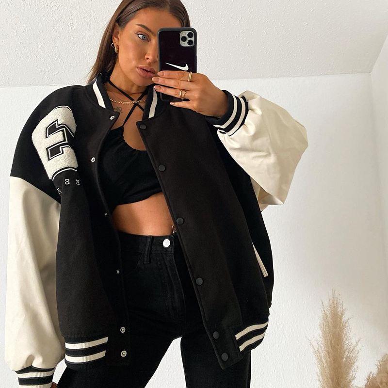 Women's American Retro Black Baseball Jacket - Sweet Cool High Street Pilot Style for Spring, Spicy Short Design