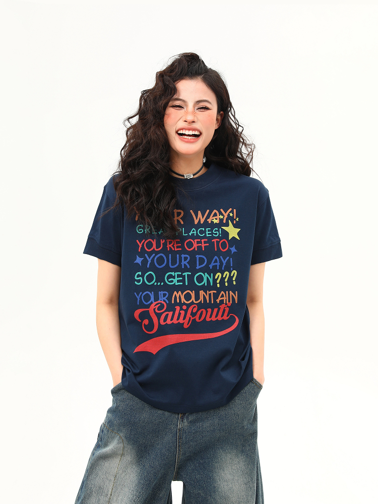 Women's American Retro Letter Print Round Neck T-Shirt - Casual Short Sleeve Summer Top - Trendy 90s Style
