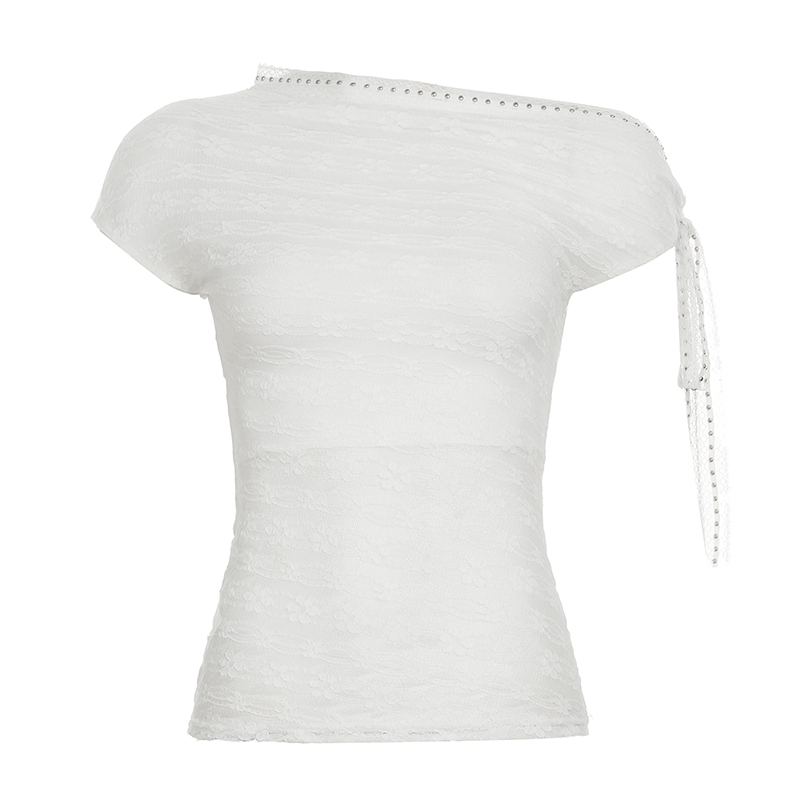 Women's Asymmetrical Off-Shoulder T-Shirt with Textured Floral Design - White Summer Top for 90s and Y2K Style
