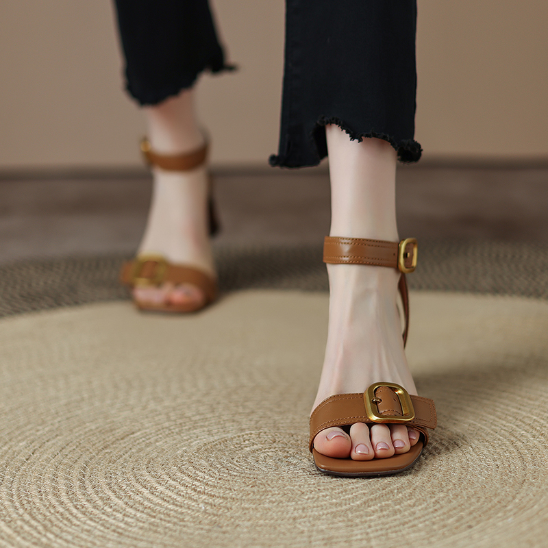 Women's Backless Chunky High Heel Sandals - Genuine Leather One-Strap Open-Toe - French Retro Summer 2025 Style