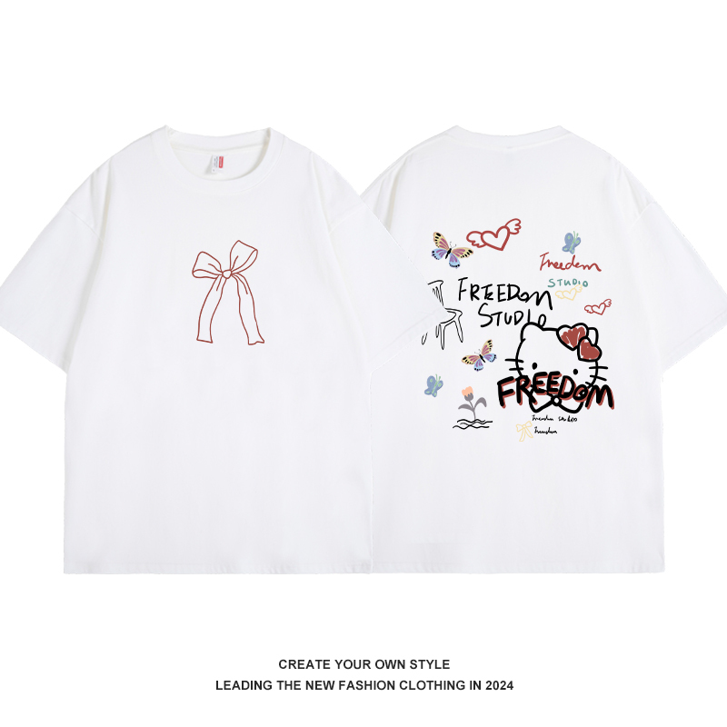 Women's Black Graffiti Hello Kitty T-Shirt - Short Sleeve, Bow Detail, Pure Cotton, American Style, Summer 90s Cool Vibe