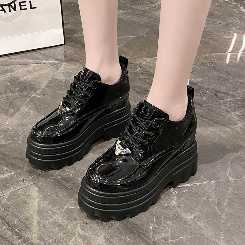 Women's Black Leather Platform Loafers - 2023 Summer British Retro Lace-Up Thin Thick-Soled Versatile Shoes