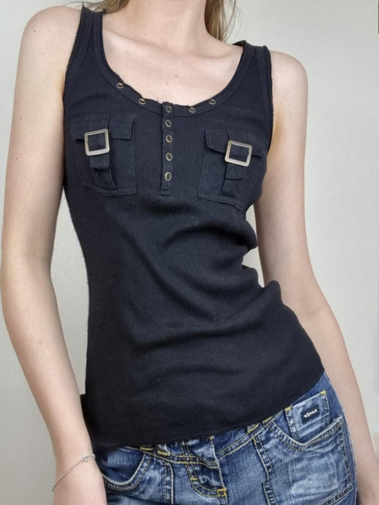 Women's Black Ribbed Sleeveless Vest - Stylish Workwear Top, Versatile Waist-Defining Design, Cool Fashion Essential