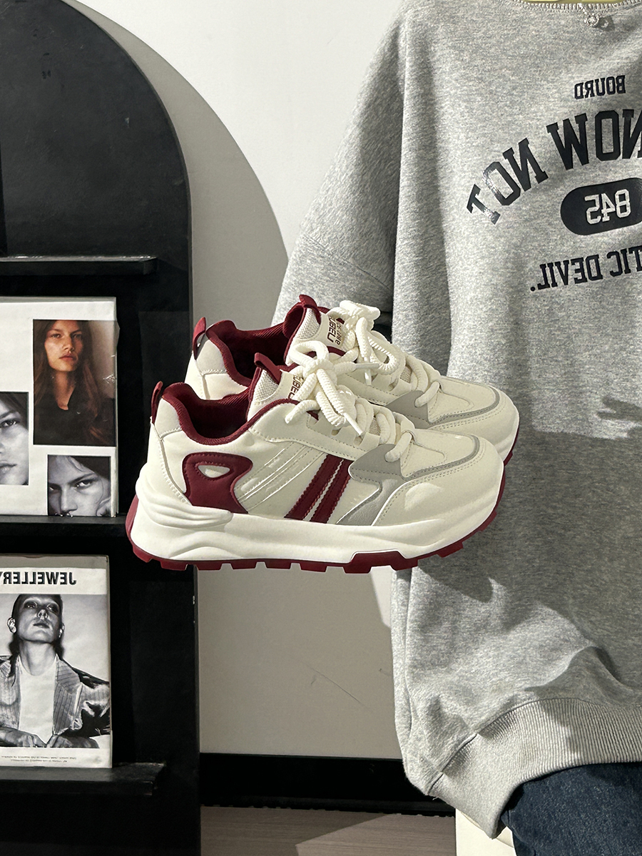 Women's Breathable Mesh Lightweight Soft-Soled Dad Shoes in Wine Red - Versatile Y2K White Sneakers for Everyday Style
