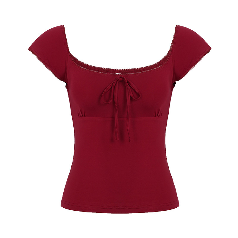 Women's Butterfly Tie Solid White T-Shirt with Small Flying Sleeves & Low Square Neck - Floral Season Rose Summer Style