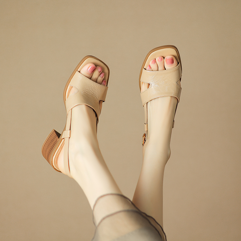 Women's Chunky High Heel Open-Toe Sandals - Genuine Leather Square Toe, Versatile Summer 2025 Commuter Style