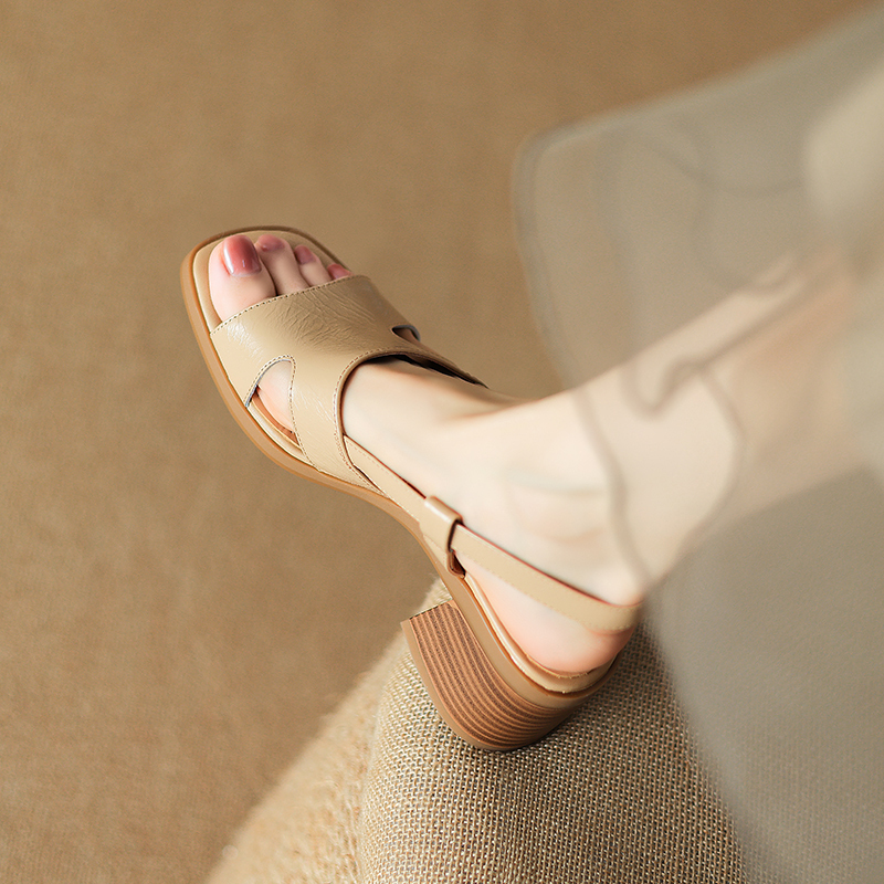 Women's Chunky High Heel Open-Toe Sandals - Genuine Leather Square Toe, Versatile Summer 2025 Commuter Style