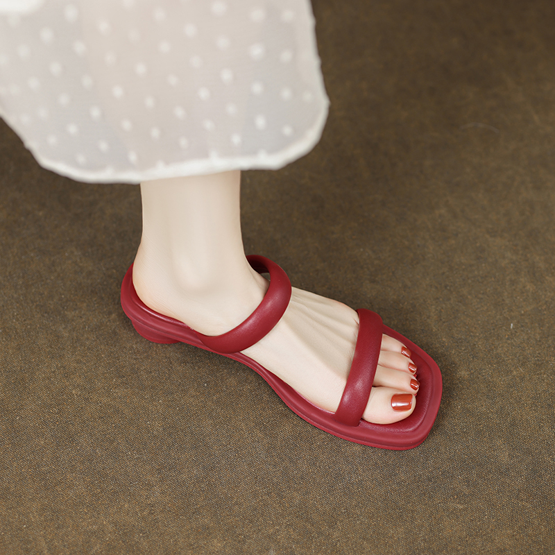 Women’s Chunky Mid-Heel Slide Sandals - Comfortable Open-Toe Design for Summer Casual Wear, Versatile Square Toe Slippers