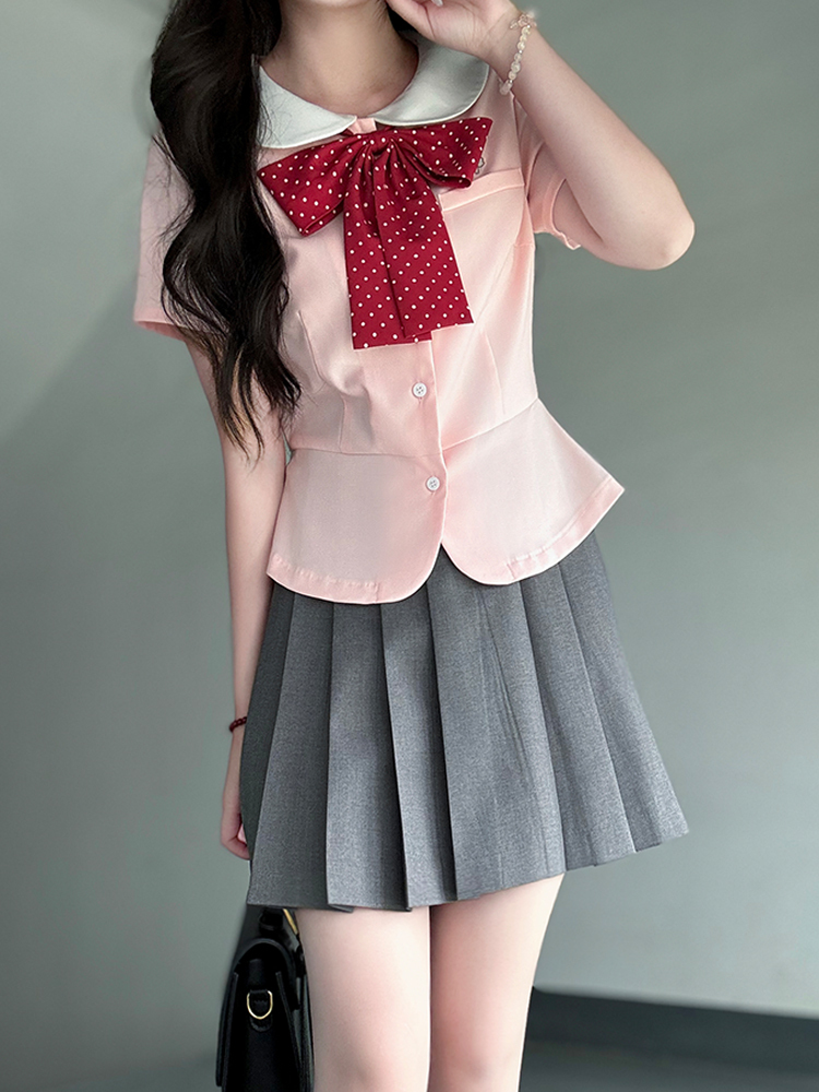 Women's College Style JK Uniform Set - Pudding Bear Original Waist-Defining Short Sleeve Shirt - Summer 2025 Fashion