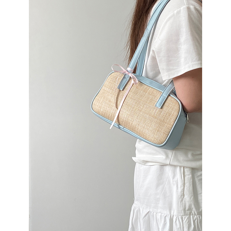Women's Color Block Spliced Straw Beach Bag - Korean INS Style Handheld Underarm Bag for Vacation & Summer Outings