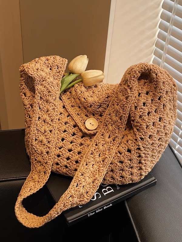 Women's Cotton Yarn Woven Beach Tote Bag - Summer 2025 Hollow Crossbody for Vacation & Commuter Style