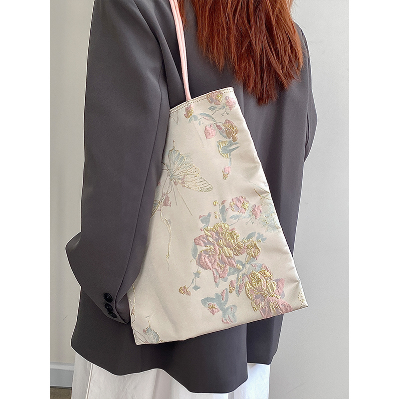 Women's Embroidered Canvas Tote Bag - Chinese Style National Wind Design, Shoulder Handbag for 2025 Fashion Trends