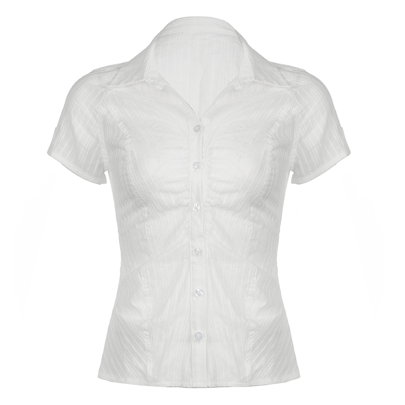 Women's French Minimalist White Collared Button-Up Short Sleeve Shirt with Waist-Cinching Pleated Design for a Slimming Effect